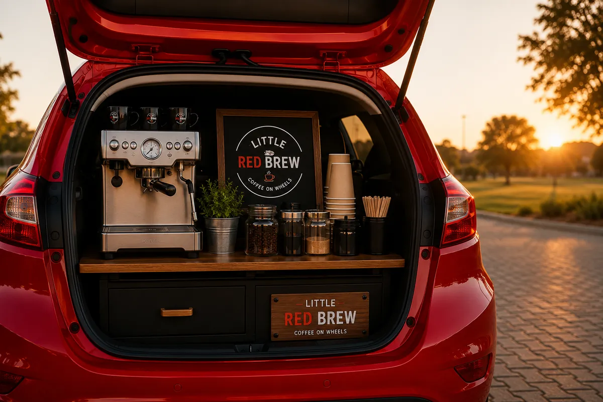 Red Ford Fiesta mobile coffee bar set up at sunset in Pretoria