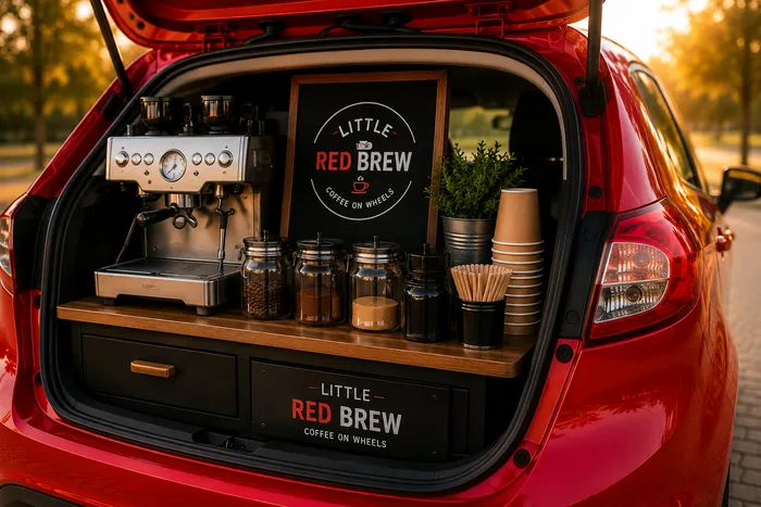 Little Red Brew espresso machine and coffee station inside the vehicle