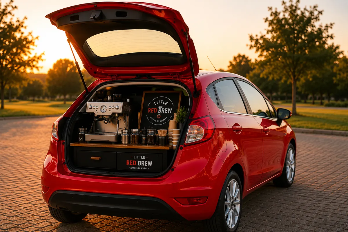 Little Red Brew mobile coffee setup in the back of a red Ford Fiesta
