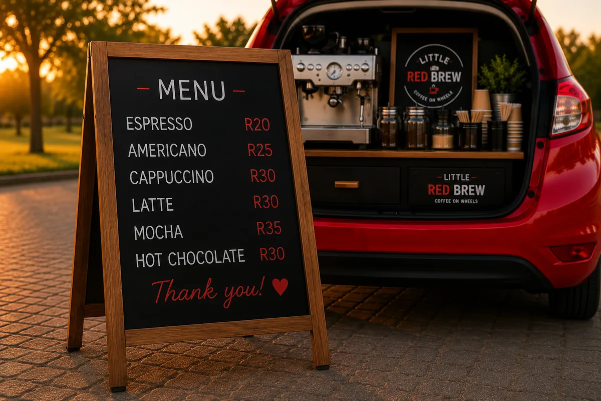Little Red Brew menu board beside the mobile coffee bar