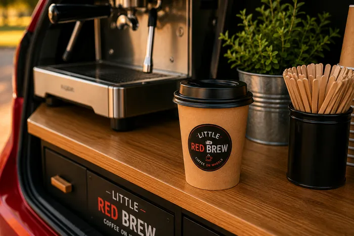 Little Red Brew takeaway coffee cup on the mobile coffee counter